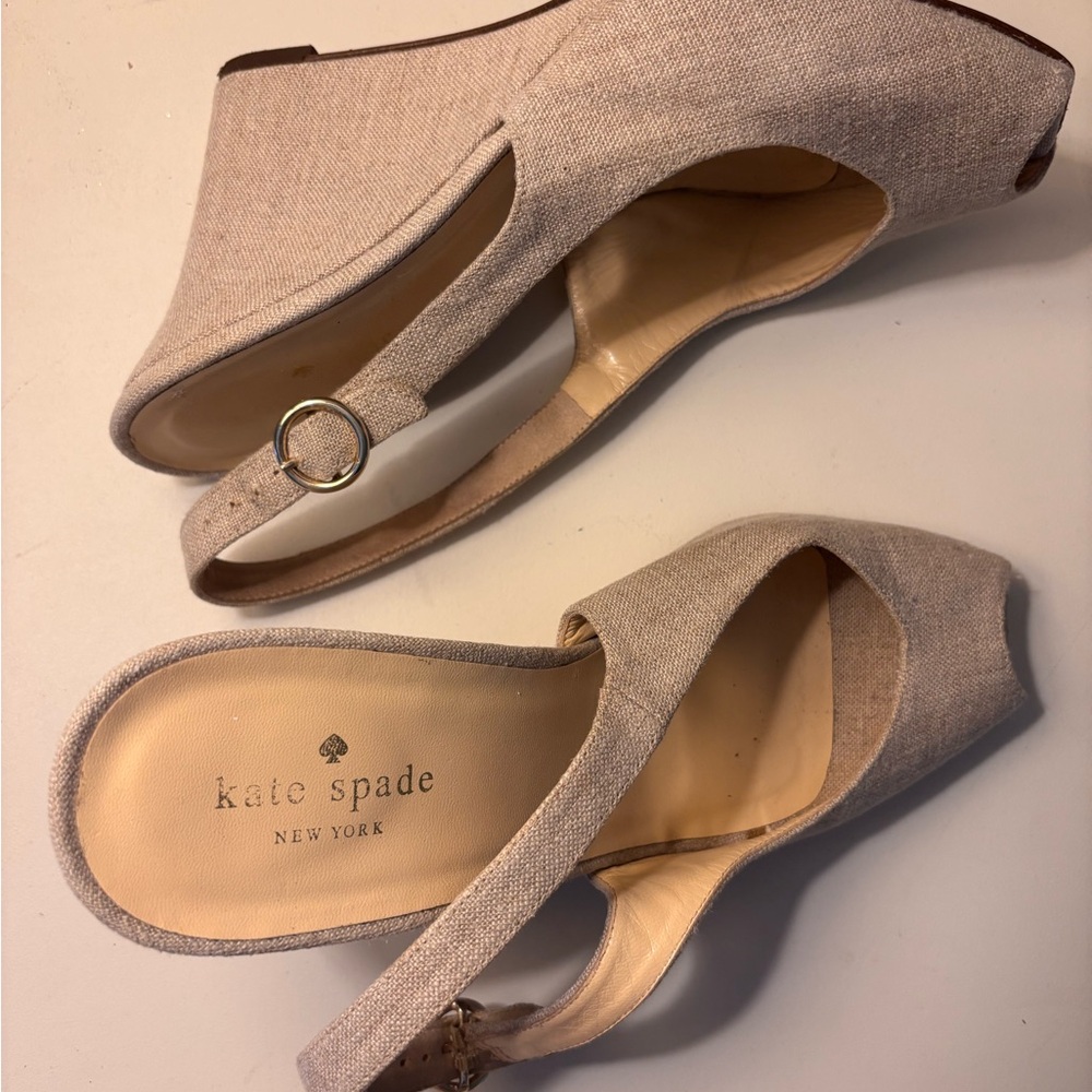 kate spade neutral beige linen peep-toe wedge sandals - Picture 2 of 7